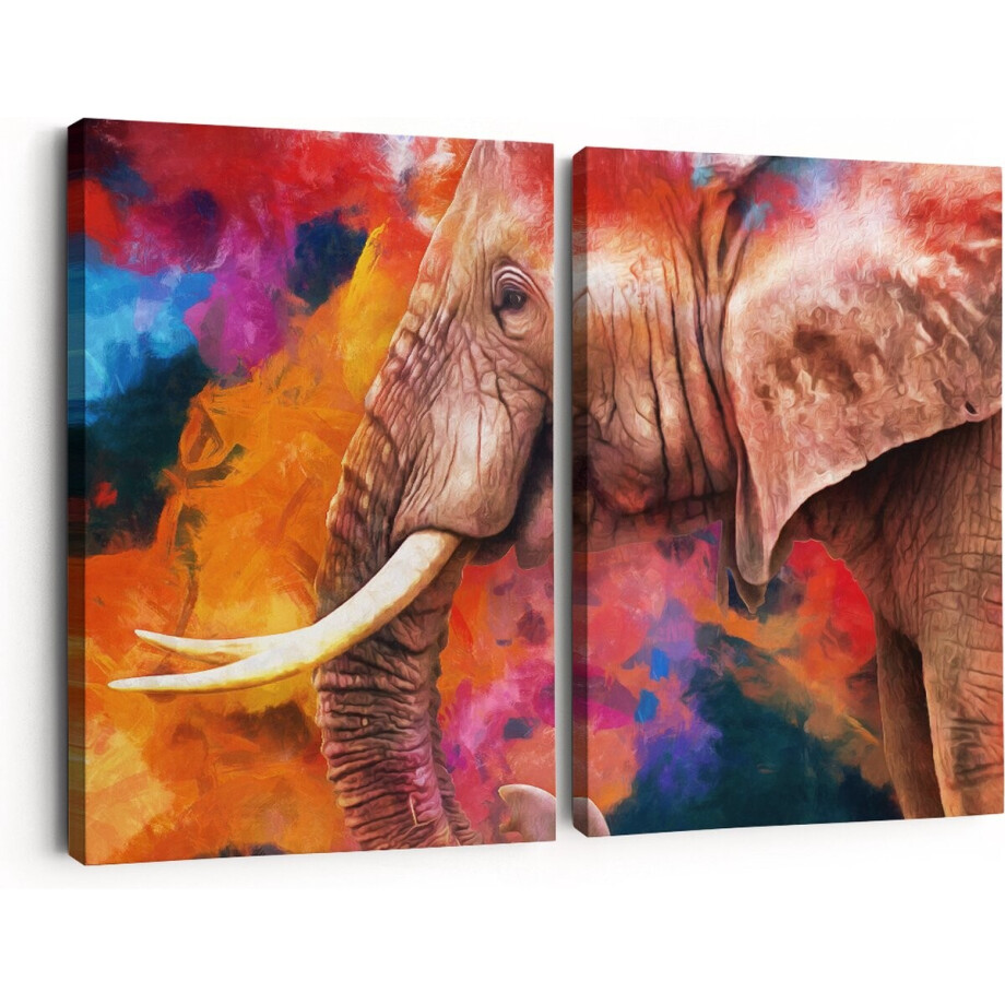 Artaza Canvas Schilderij Tweeluik Kleurrijke Olifant - Abstract - 180x120 - Groot - Foto Op Canvas - Canvas Print afbeelding 1