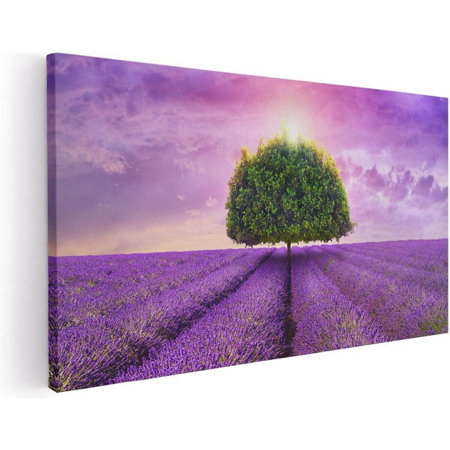 Artaza Canvas Schilderij Groene Boom In De Lavendel Bloemen - 120x60 cm - Groot - Wanddecoratie Woonkamer - Schilderijen - Muurdecoratie afbeelding 1