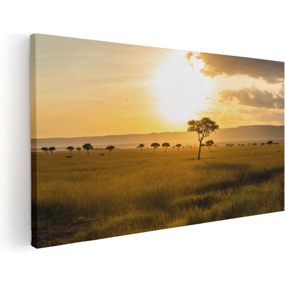 Artaza Canvas Schilderij Zonsondergang Afrika - 60x30 cm - Wanddecoratie Savanne - Muurdecoratie Boom - Kamer Accessoires Natuur afbeelding 1