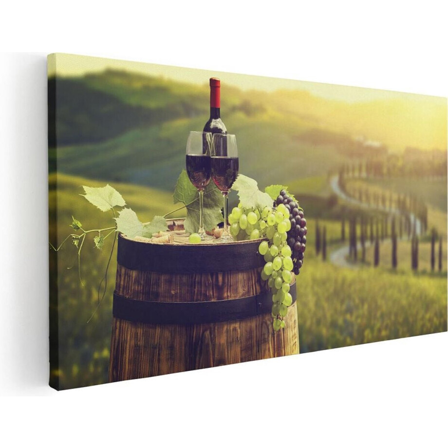 Artaza Canvas Schilderij Wijn met Druiven op een Vat in Toscane - 80x40 cm - Wanddecoratie Woonkamer - Schilderijen - Muurdecoratie afbeelding 1