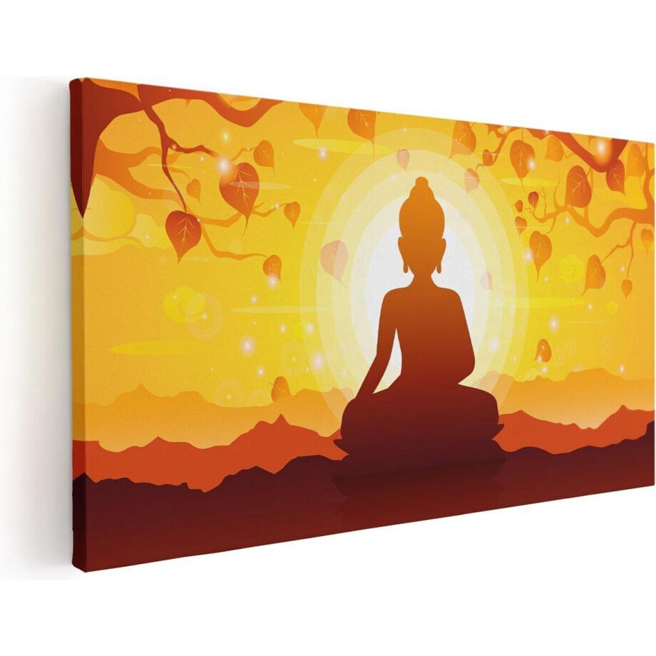 Artaza Canvas Schilderij Boeddha - 40x20 cm - Klein - Wanddecoratie Zonsondergang - Muurdecoratie Spiritueel - Decoratie Silhouet afbeelding 1