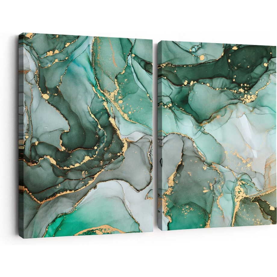 Artaza Canvas Schilderij Tweeluik Abstracte Kunst - Blauwe Marmer met Goud - 60x40 cm - Klein - Wanddecoratie Woonkamer - Schilderijen - Muurdecoratie afbeelding 1