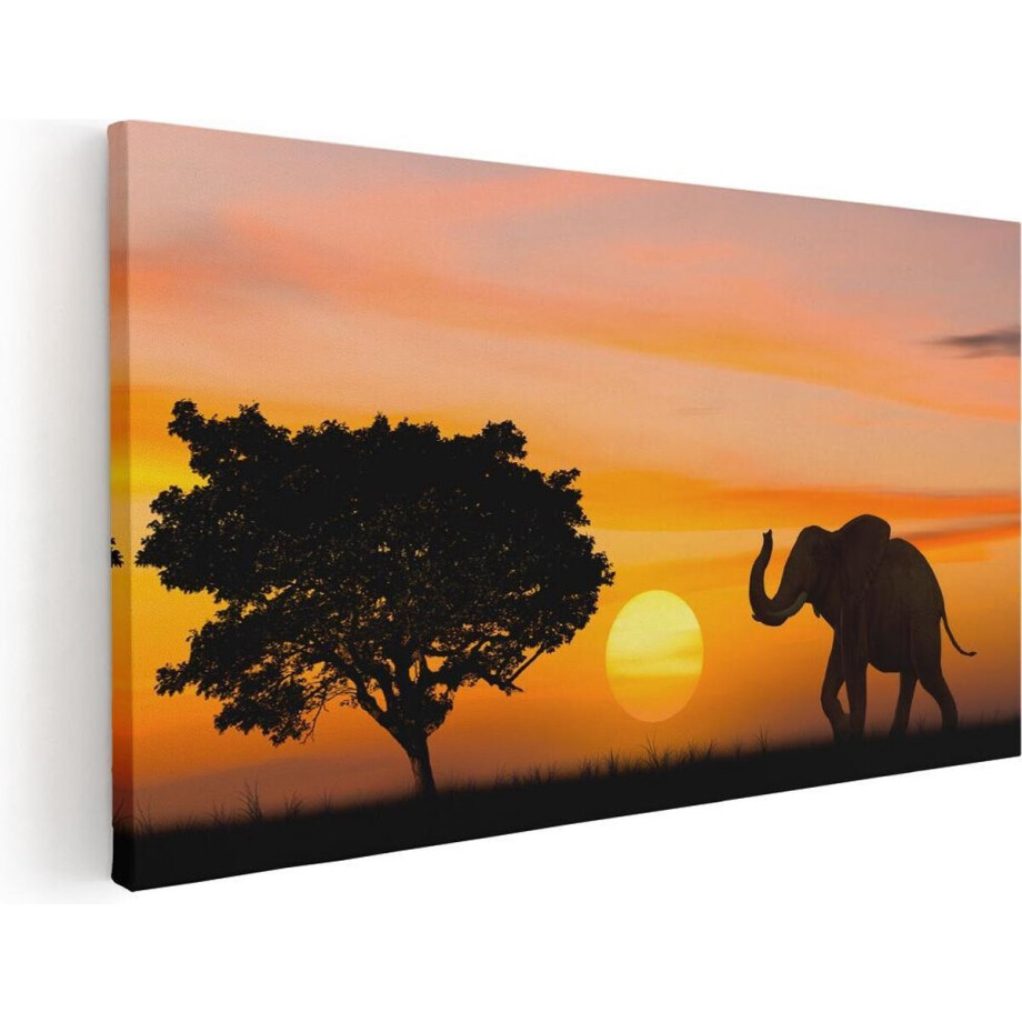 Artaza Canvas Schilderij Olifant Silhouet Tijdens Zonsondergang  - 80x40 - Foto Op Canvas - Canvas Print afbeelding 1