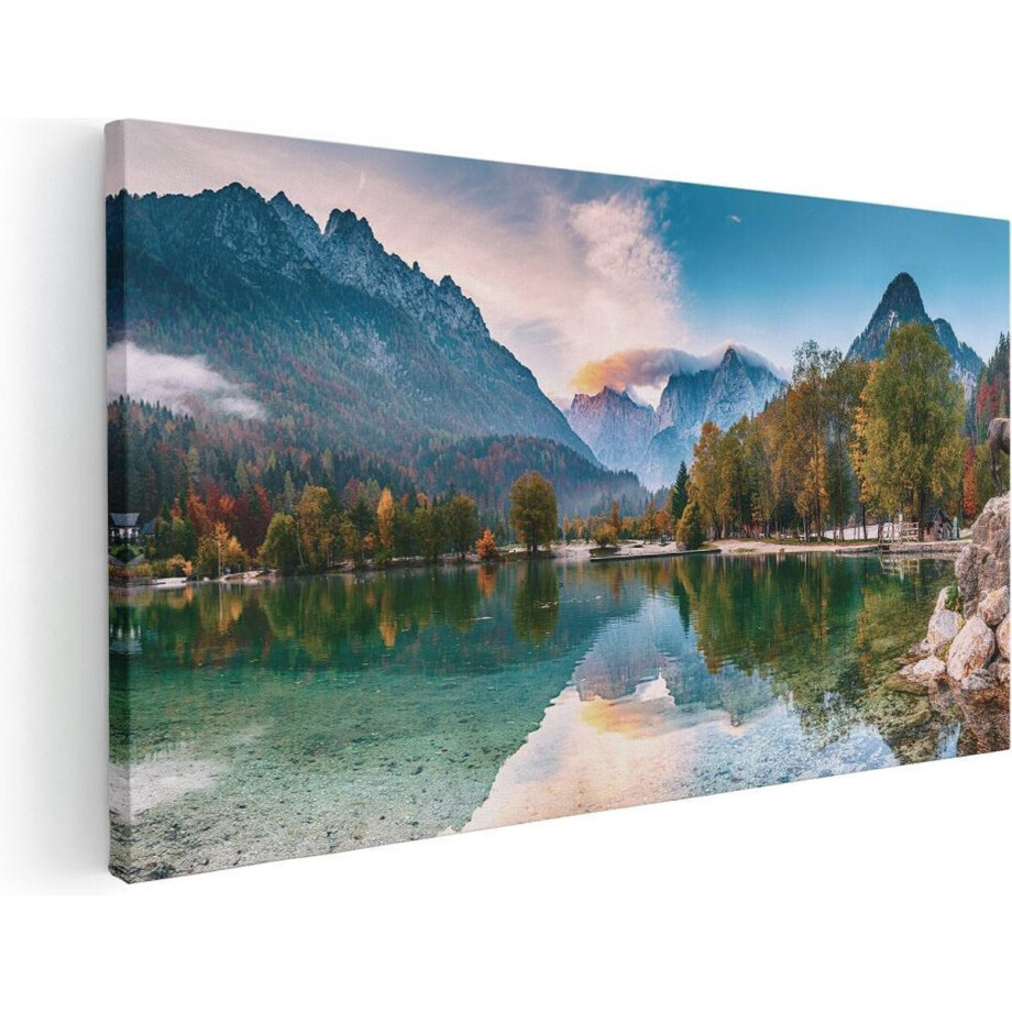 Artaza Canvas Schilderij Meer In De Bergen Met Een Geit Standbeeld - 120x60 - Groot - Foto Op Canvas - Canvas Print afbeelding 1