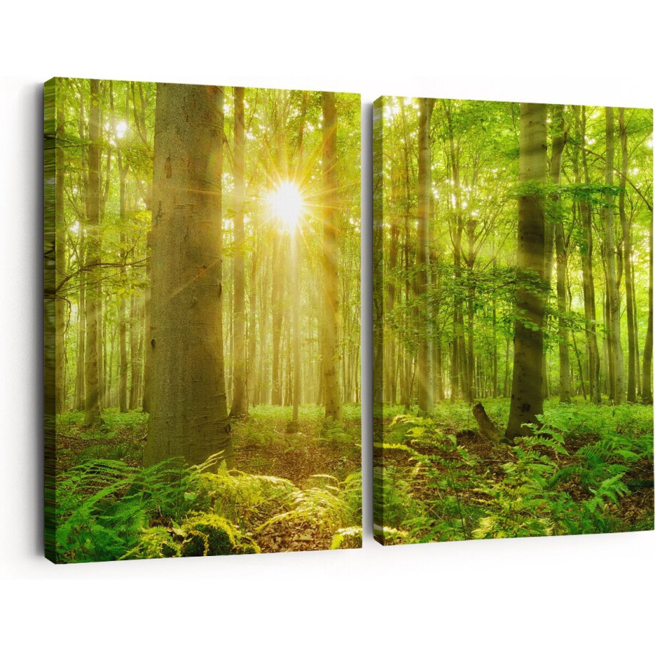 Artaza Canvas Schilderij Tweeluik Groen Bos Met Schijnende Zonnestralen - 60x40 - Klein - Foto Op Canvas - Canvas Print afbeelding 1