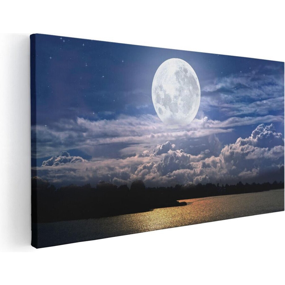 Artaza Canvas Schilderij Maan - 40x20 cm - Klein - Wanddecoratie Zee - Muurdecoratie Nacht - Schilderij Sterren afbeelding 1