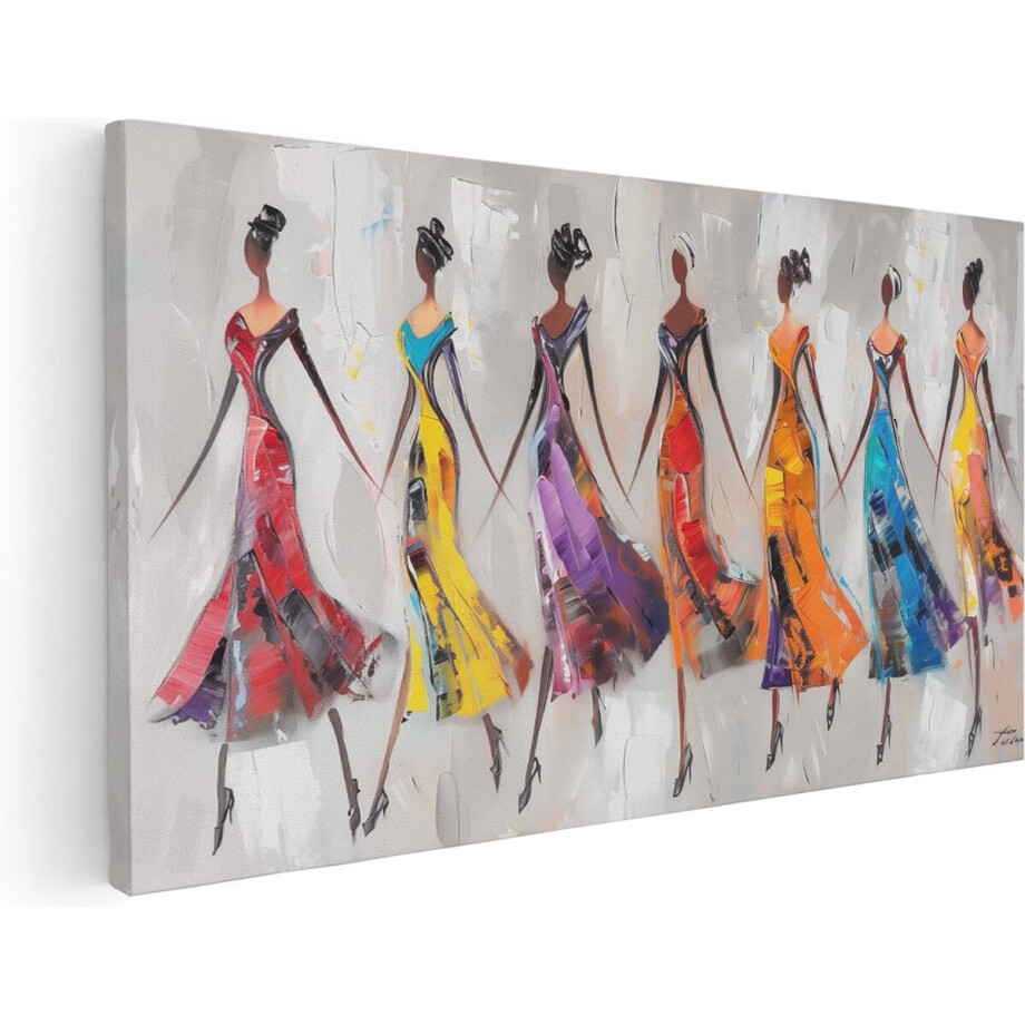 Artaza Canvas Schilderij Groep Vrouwen in Kleurrijke Jurken - 100x50 cm - Wanddecoratie Woonkamer - Schilderijen - Muurdecoratie afbeelding 1