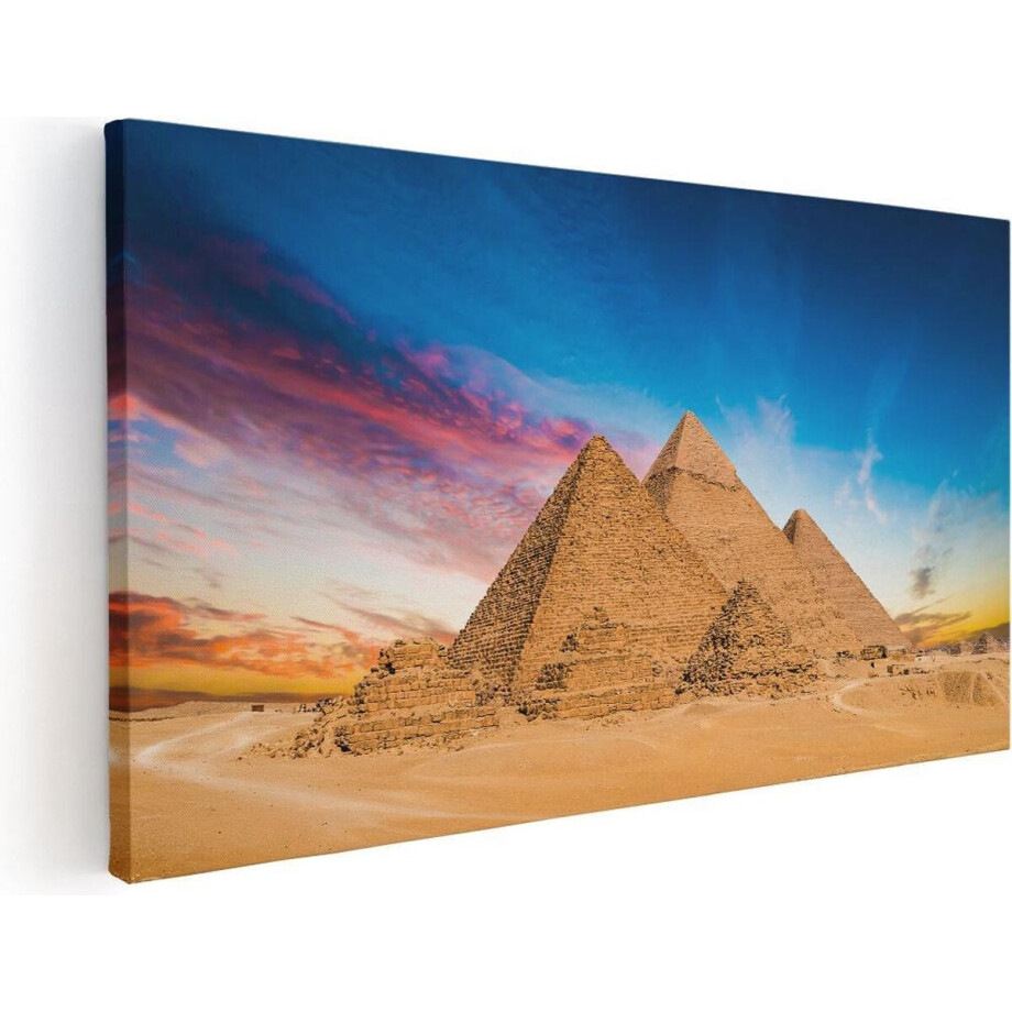 Artaza Canvas Schilderij Piramides Egypte - 80x40 cm - Wanddecoratie Zonsondergang - Muurdecoratie Woestijn - Schilderijen Op Canvas afbeelding 1