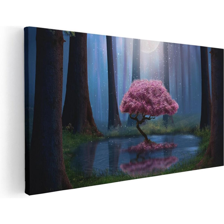 Artaza Canvas Schilderij Roze Boom Op Een Vijver In De Nacht - 80x40 - Foto Op Canvas - Canvas Print afbeelding 1