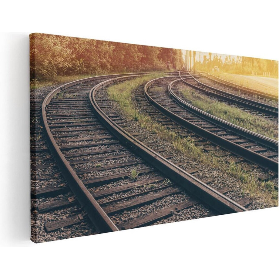 Artaza Canvas Schilderij Treinrails - 60x30 cm - Wanddecoratie Natuur - Muurdecoratie Zonsondergang - Kamer Accessoires Landschap afbeelding 1