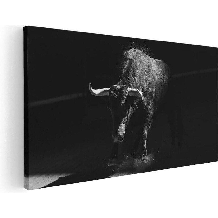 Artaza Canvas Schilderij Stier In De Arena - Zwart Wit - 40x20 - Klein - Foto Op Canvas - Canvas Print afbeelding 1