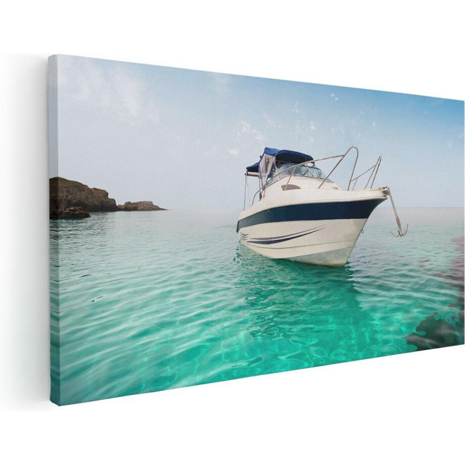 Artaza Canvas Schilderij Motorboot aan het Strand met Blauw Water - 80x40 - Foto Op Canvas - Canvas Print afbeelding 1
