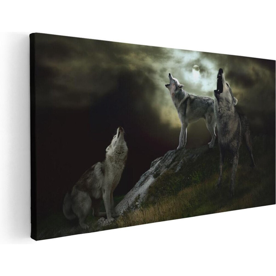 Artaza Canvas Schilderij Drie Huilende Wolven Tijdens Volle Maan - 60x30 - Foto Op Canvas - Canvas Print afbeelding 1