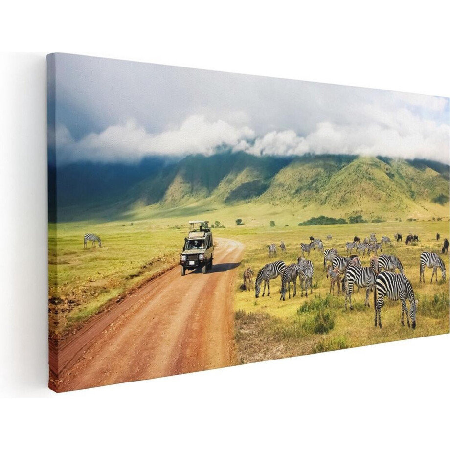 Artaza Canvas Schilderij Safari Auto tussen de Zebra's - 60x30 - Foto Op Canvas - Canvas Print afbeelding 1