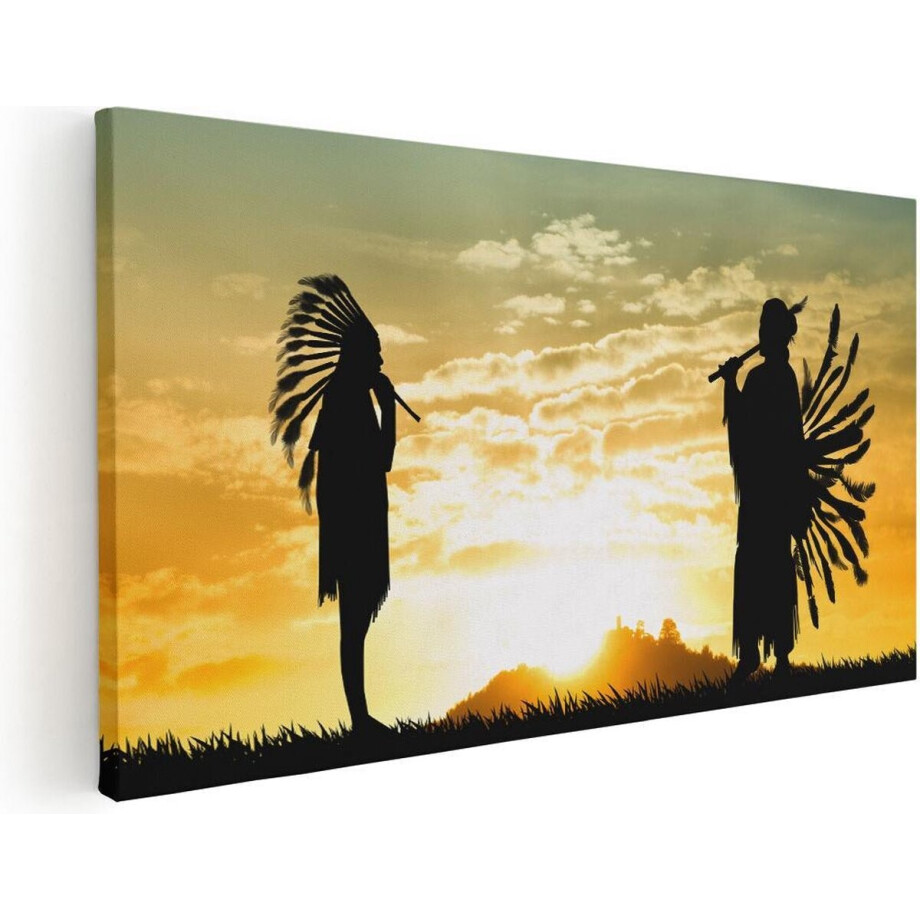 Artaza Canvas Schilderij Twee Silhouetten van Indianen bij Zonsondergang - 100x50 cm - Groot - Wanddecoratie Woonkamer - Schilderijen - Muurdecoratie afbeelding 1