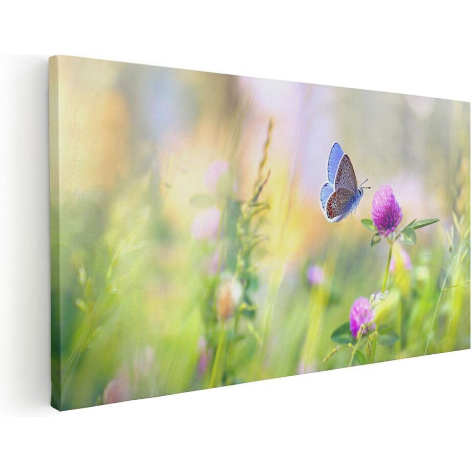 Artaza Canvas Schilderij Blauwe Vlinder Bij Een Paarse Bloem - 120x60 cm - Groot - Wanddecoratie Woonkamer - Schilderijen - Muurdecoratie afbeelding 1