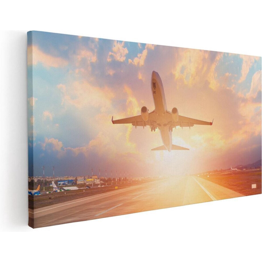 Artaza Canvas Schilderij Vliegtuig Stijgt Op Het Landingsbaan Met Zon - 120x60 - Groot - Foto Op Canvas - Canvas Print afbeelding 1