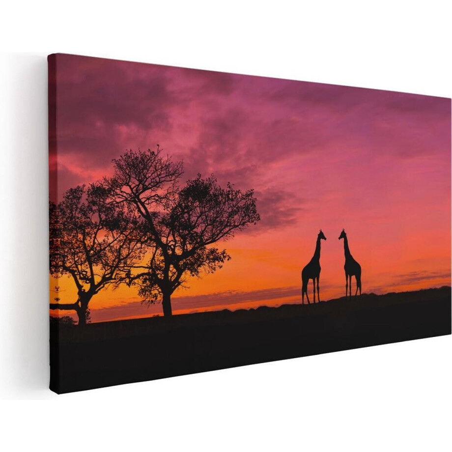 Artaza Canvas Schilderij Giraffe - 40x20 cm - Klein - Wanddecoratie Zonsondergang - Muurdecoratie Afrika - Schilderij Dieren afbeelding 1