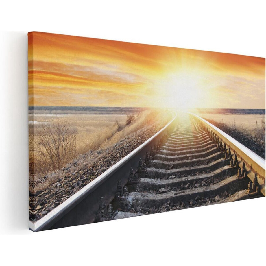 Artaza Canvas Schilderij Zonsondergang - 40x20 cm - Klein - Wanddecoratie Spoorlijn - Muurdecoratie Landschap - Schilderijen Natuur afbeelding 1