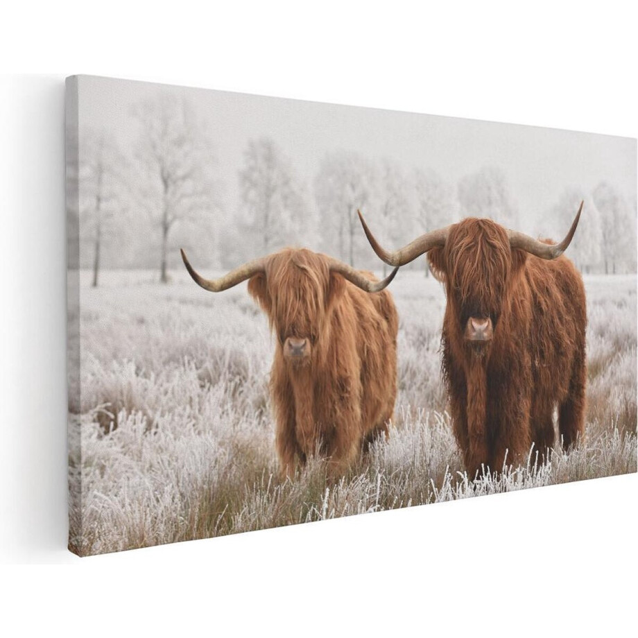 Artaza Canvas Schilderij Twee Schotse Hooglander Koeien In De Wei - 40x20 cm - Klein - Wanddecoratie Woonkamer - Schilderijen - Muurdecoratie afbeelding 1