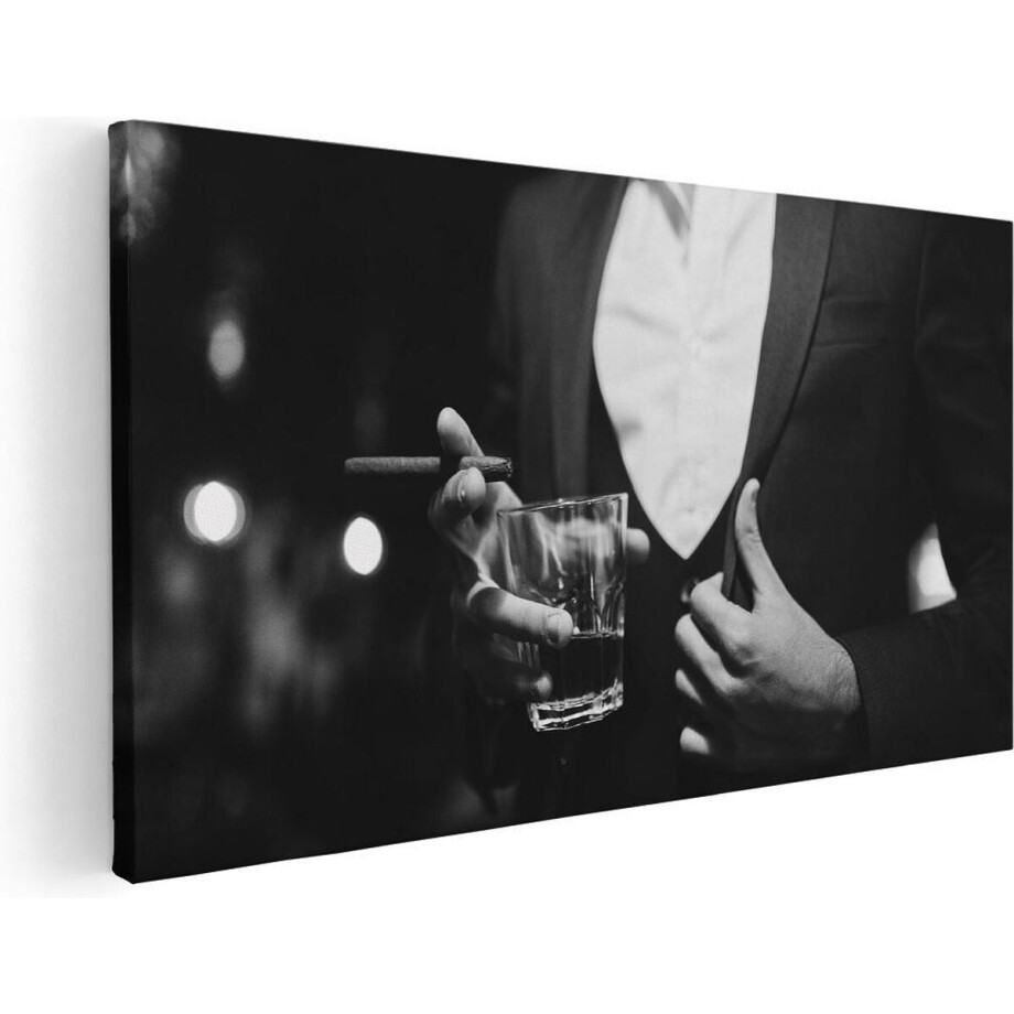 Artaza Canvas Schilderij Gangster - 40x20 cm - Klein - Wanddecoratie Mancave - Muurdecoratie Whisky - Decoratie Sigaar afbeelding 1