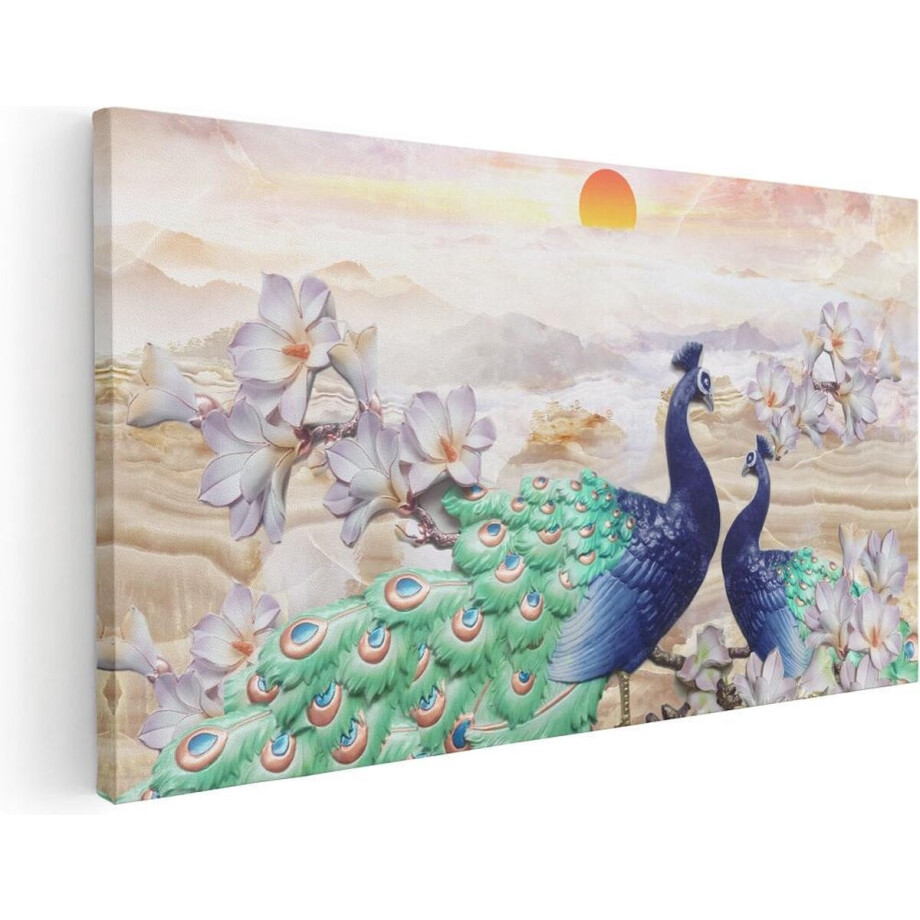 Artaza Canvas Schilderij Twee Pauwen Bij Elkaar Met Bloemen - Liefde - 120x60 - Groot - Foto Op Canvas - Canvas Print afbeelding 1