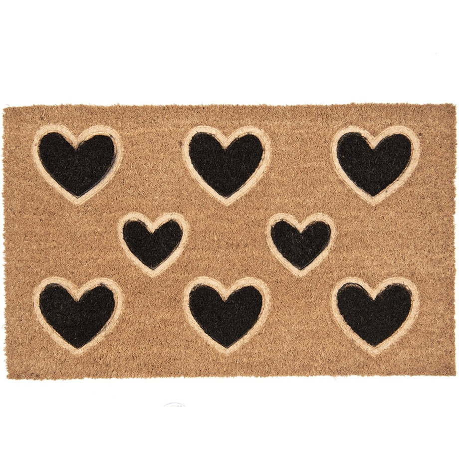 Clayre & Eef Deurmat 75x45 cm Bruin Zwart Kokosvezel Pvc Rechthoek Harten Kokosmat afbeelding 1