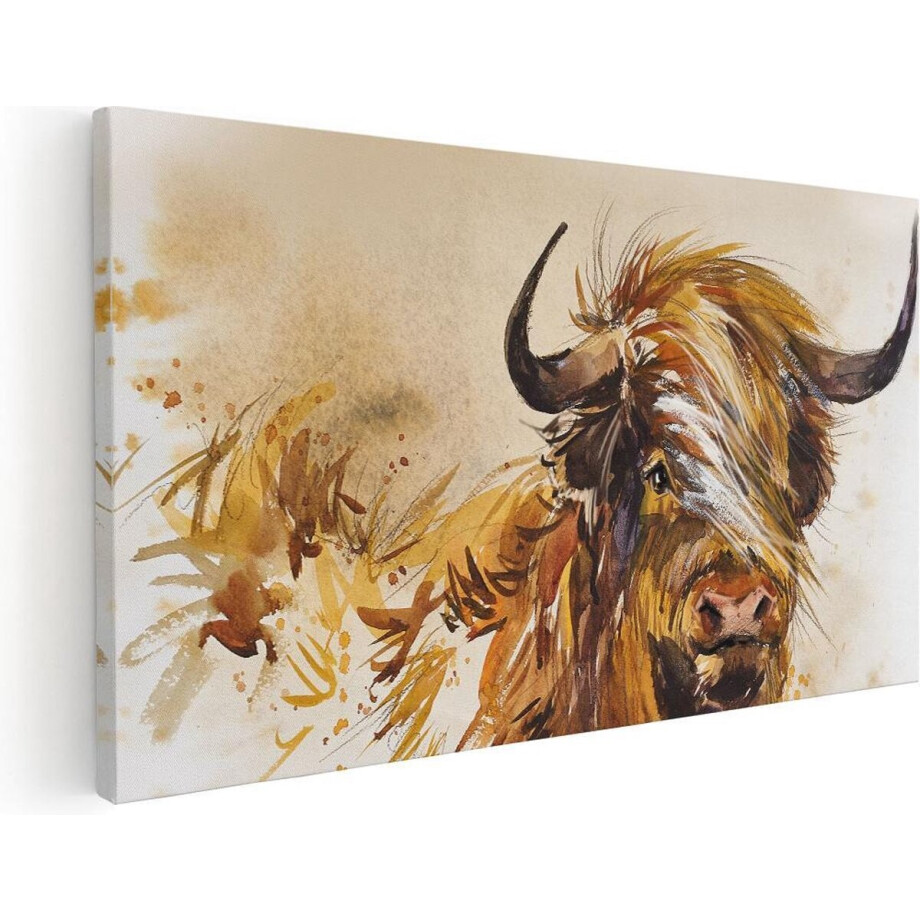Artaza Canvas Schilderij Schotse Hooglander - 120x60 cm - Groot - Wanddecoratie Woonkamer - Muurdecoratie Aquarel - Schilderijen Op Canvas Dieren afbeelding 1