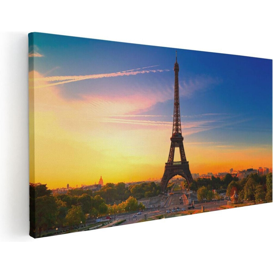Artaza Canvas Schilderij Parijs - 120x60 cm - Groot - Wanddecoratie Eiffeltoren - Muurdecoratie Zonsondergang - Schilderijen Op Canvas Skyline afbeelding 1