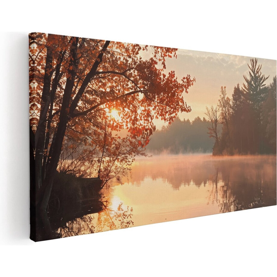 Artaza Canvas Schilderij Mistig Meer bij Zonsopgang - 100x50 cm - Wanddecoratie Woonkamer - Schilderijen - Muurdecoratie afbeelding 1