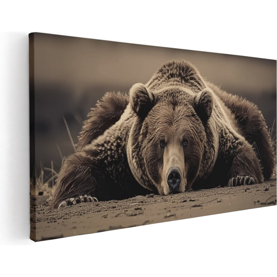 Artaza Canvas Schilderij Grizzlybeer Liggend op de Grond - Dieren - 60x30 cm - Klein - Wanddecoratie Woonkamer - Schilderijen - Muurdecoratie afbeelding 1