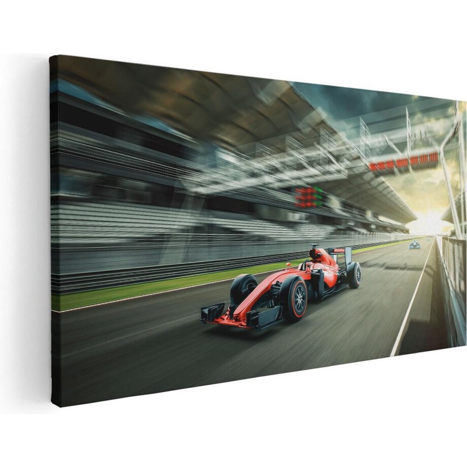Artaza Canvas Schilderij Formule 1 Auto bij de Finish in het Rood - 120x60 - Groot - Foto Op Canvas - Canvas Print afbeelding 1