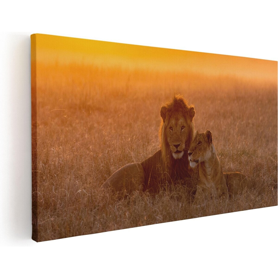 Artaza Canvas Schilderij Leeuw - 40x20 cm - Klein - Wanddecoratie Leeuwenpaar - Muurdecoratie Dieren - Schilderijen Op Canvas Safari afbeelding 1