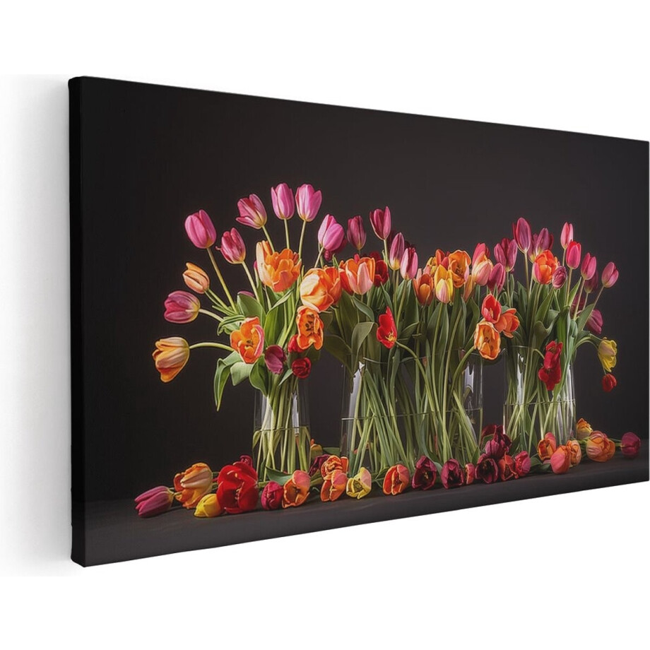 Artaza Canvas Schilderij Tulpen in Vazen op een Zwarte Achtergrond - Bloemen - 120x60 cm - Groot - Wanddecoratie Woonkamer - Schilderijen - Muurdecoratie afbeelding 1