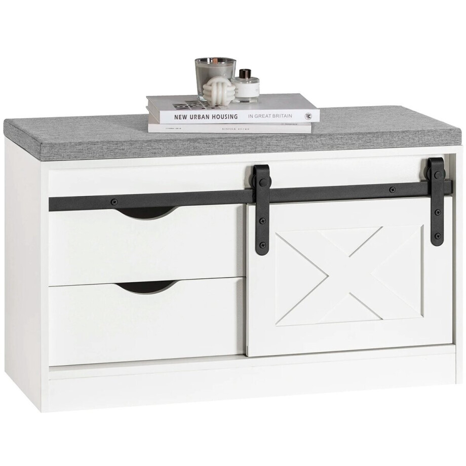 DoneMore® - Schoenenbank met zitting - opbergbank met schuifdeuren - verstelbare planken - wit MDF - 80x30x49 cm - 17 kg afbeelding 1