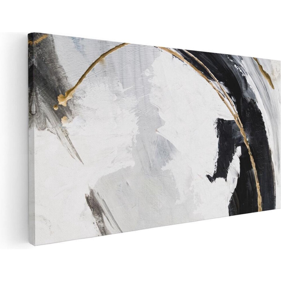 Artaza Canvas Schilderij Abstracte Kunst - Wit met Zwart en Goud - 100x50 - Groot - Foto Op Canvas - Canvas Print afbeelding 1