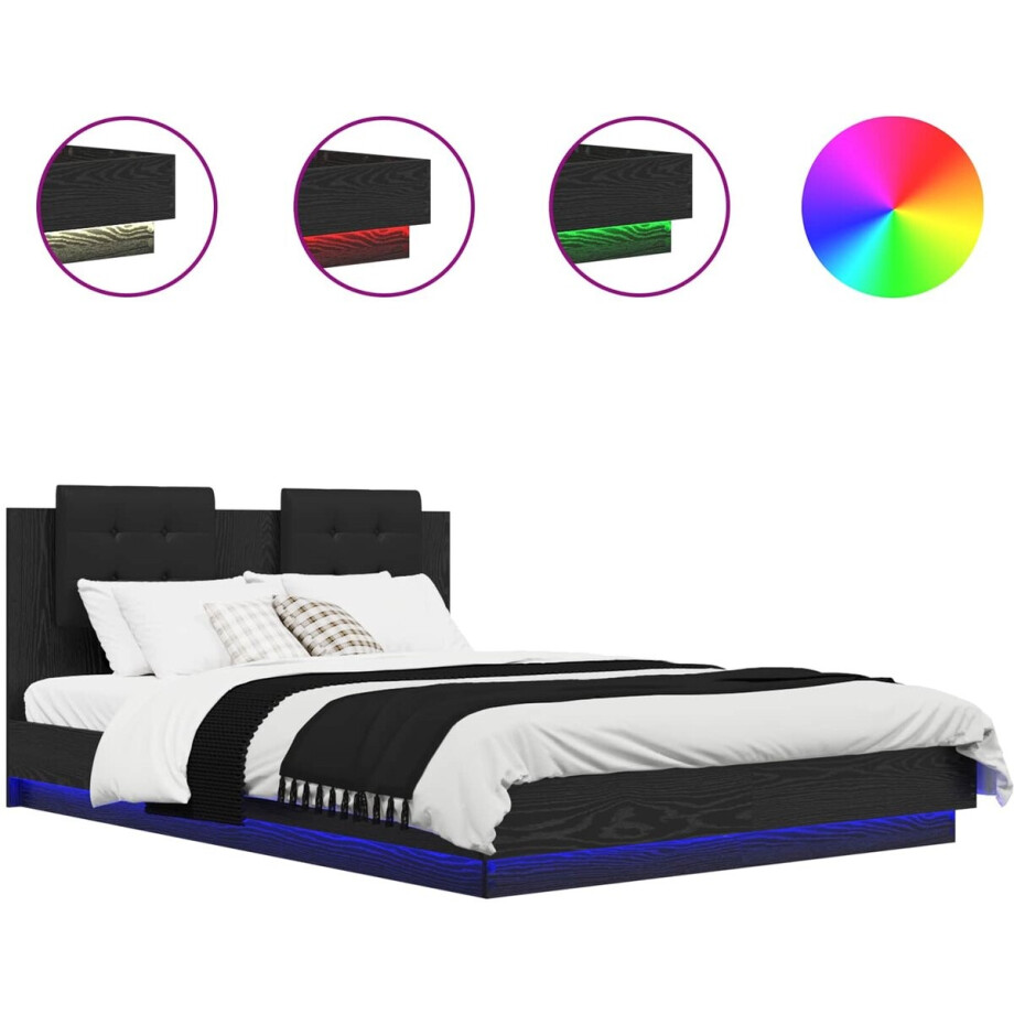 vidaXL - Bedframe - met - Hoofdbord - Zwart - Eiken - 160 - x - 200 - cm - Bewerkt - hout afbeelding 1