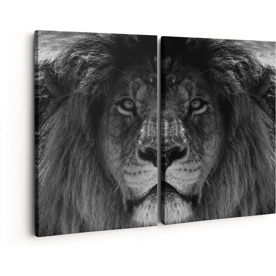 Artaza Canvas Schilderij Tweeluik Leeuw - Leeuwenkop - Zwart Wit - 160x120 - Groot - Foto Op Canvas - Canvas Print afbeelding 1
