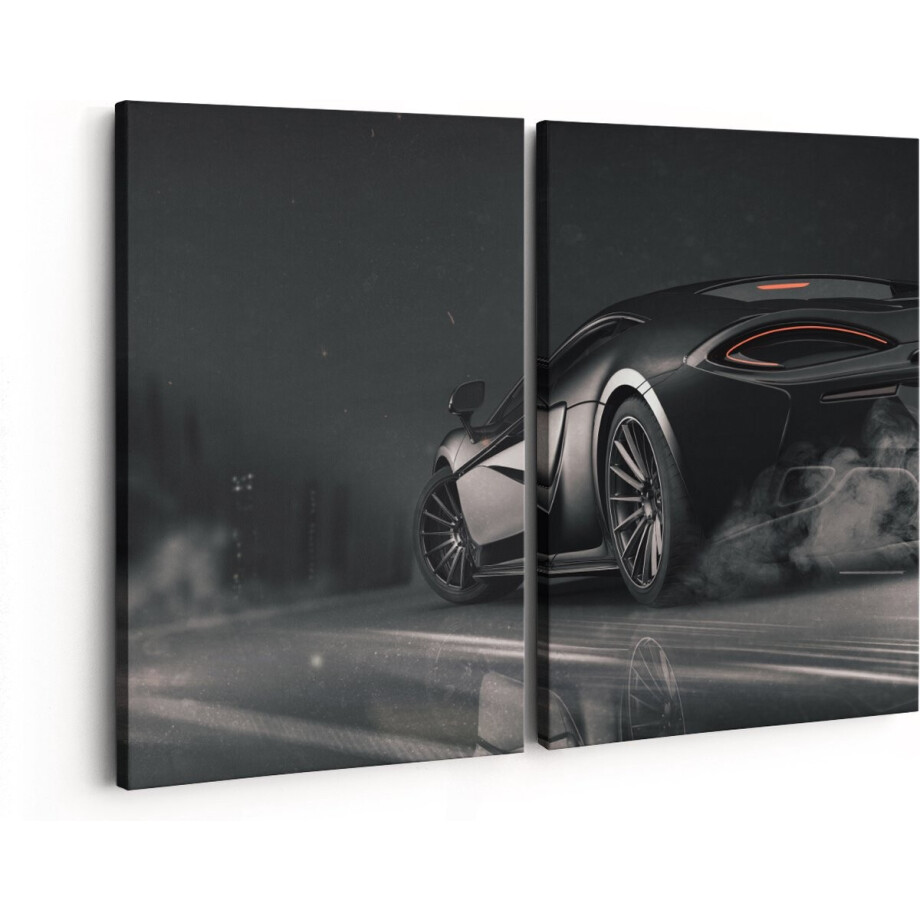 Artaza Canvas Schilderij Tweeluik Zwarte Sportwagen Auto Nabij Een Stad - 160x120 - Groot - Foto Op Canvas - Canvas Print afbeelding 1