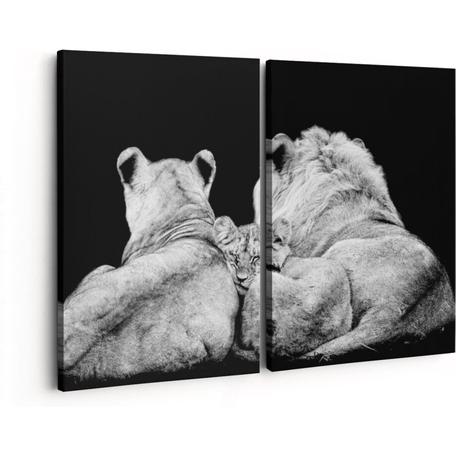 Artaza Canvas Schilderij Tweeluik Leeuwen Familie - Leeuw - Zwart Wit - 80x60 - Klein - Foto Op Canvas - Canvas Print afbeelding 1