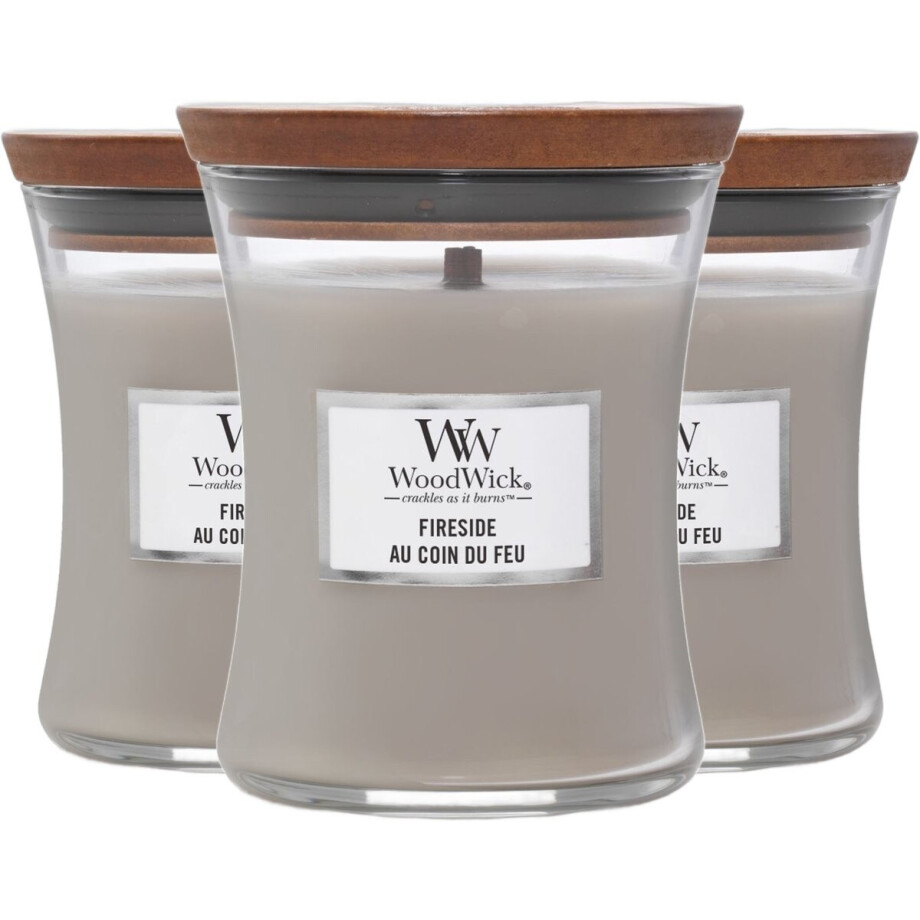 Woodwick geurkaarsen Fireside - Set van 3x medium - Afmetingen: B:9,8 x H: 11,43 cm - Aantal branduren: ± tot 60h - Materiaal: glas, hout Woodwick geurkaarsen Fireside - Set van 3x medium - Afmetingen: B:9,8 x H: 11,43 cm - Aantal branduren: ± tot 60h - Materiaal: glas, hout afbeelding 1