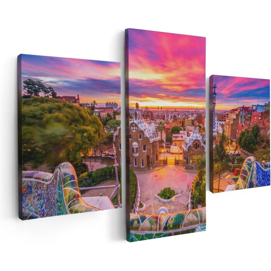 Artaza Canvas Schilderij Drieluik Park Güell Uitzicht op Barcelona - 90x60 - Foto Op Canvas - Canvas Print afbeelding 1