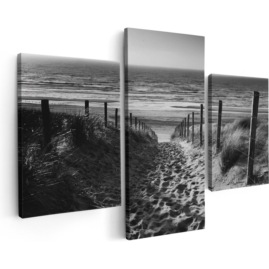 Artaza Canvas Schilderij Drieluik Voetpad in de Duinen met Strand en Zee - Zwart Wit - 90x60 - Foto Op Canvas - Canvas Print afbeelding 1