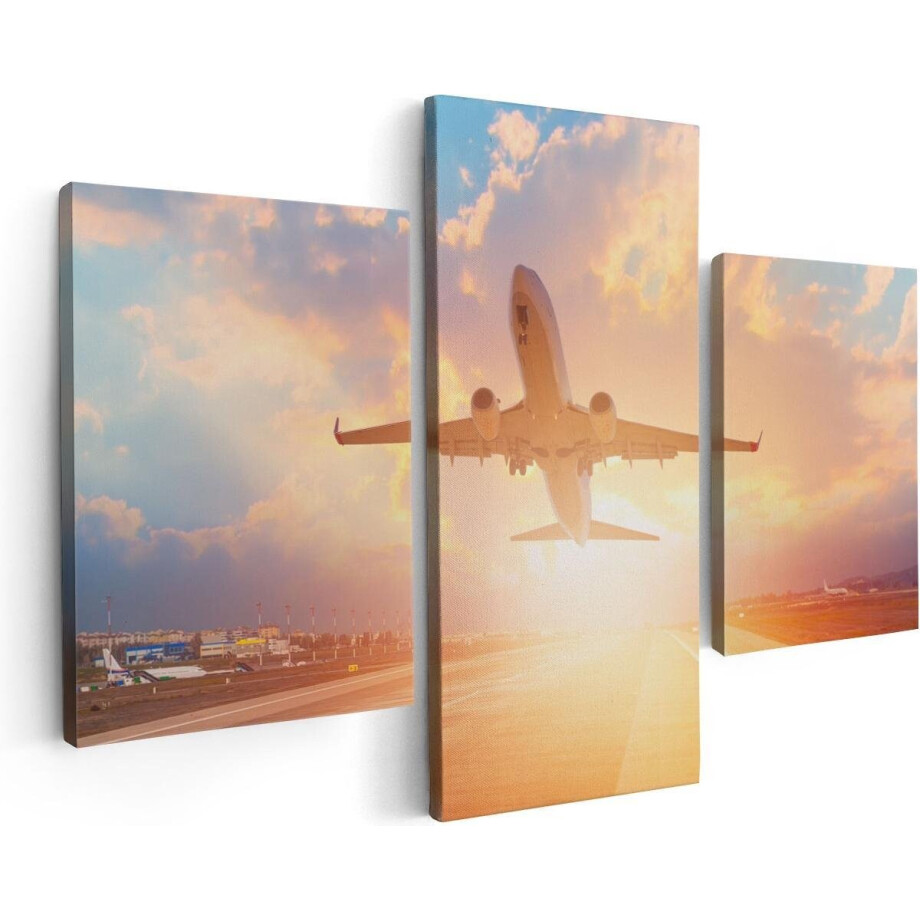 Artaza Canvas Schilderij Drieluik Vliegtuig Stijgt Op Het Landingsbaan Met Zon - 90x60 cm - Wanddecoratie Woonkamer - Schilderijen - Muurdecoratie Artaza Canvas Schilderij Drieluik Vliegtuig Stijgt Op Het Landingsbaan Met Zon - 90x60 cm - Wanddecoratie Woonkamer - Schilderijen - Muurdecoratie afbeelding 1