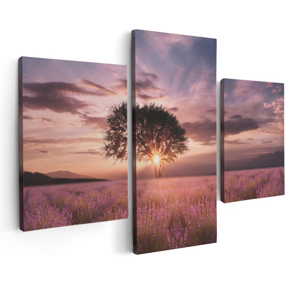 Artaza Canvas Schilderij Drieluik Bloemenveld Met Lavendel Bij Zonsondergang - 90x60 - Foto Op Canvas - Canvas Print afbeelding 1