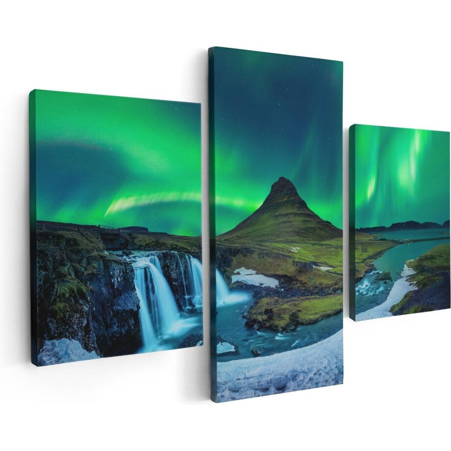 Artaza Canvas Schilderij Drieluik Noorderlicht bij de Watervallen in IJsland - 90x60 - Foto Op Canvas - Canvas Print afbeelding 1