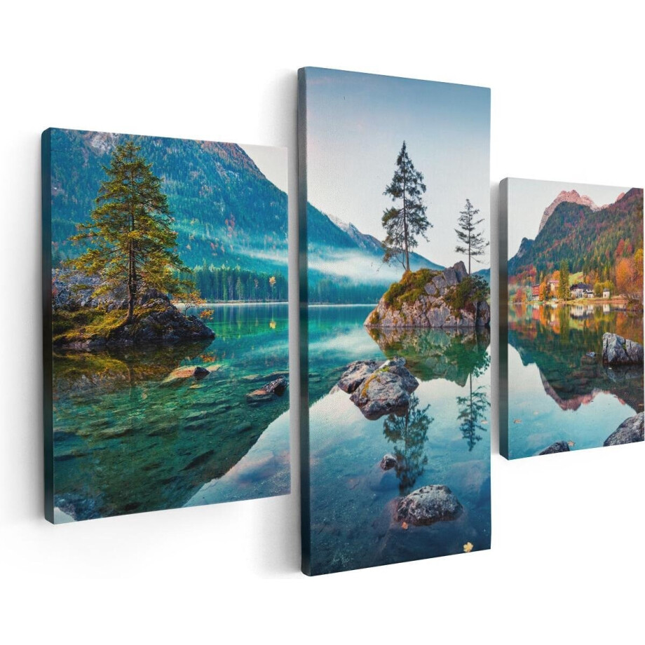 Artaza Canvas Schilderij Drieluik Meer In De Bergen Tijdens De Herfst - 90x60 - Foto Op Canvas - Canvas Print afbeelding 1