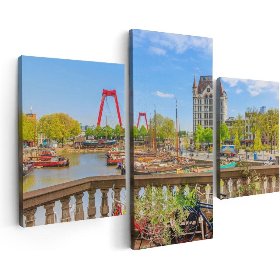 Artaza Canvas Schilderij Drieluik Kleurrijke Oude Haven In Rotterdam - 90x60 cm - Wanddecoratie Woonkamer - Schilderijen - Muurdecoratie afbeelding 1