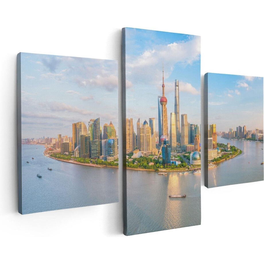 Artaza Canvas Schilderij Drieluik Skyline Shanghai Stad in China - 90x60 - Foto Op Canvas - Canvas Print afbeelding 1