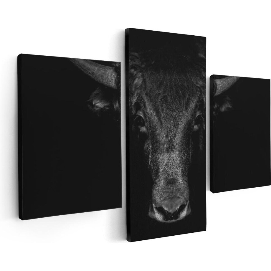 Artaza Canvas Schilderij Drieluik Stierenkop - Stier - Zwart Wit - 90x60 cm - Wanddecoratie Woonkamer - Schilderijen - Muurdecoratie afbeelding 1